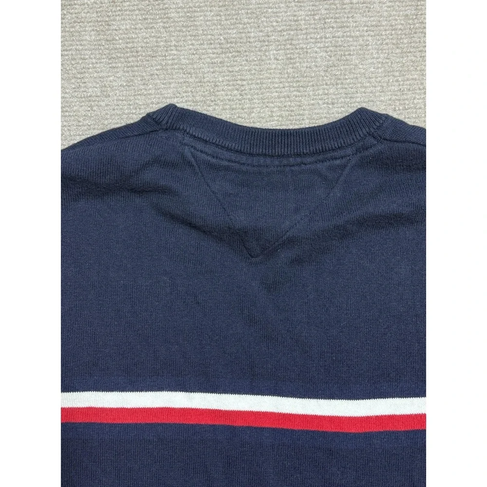 Tommy Hilfiger Sweater Mens Small‎ Navy Blue Crewneck TH Stripe Cotton Pullover